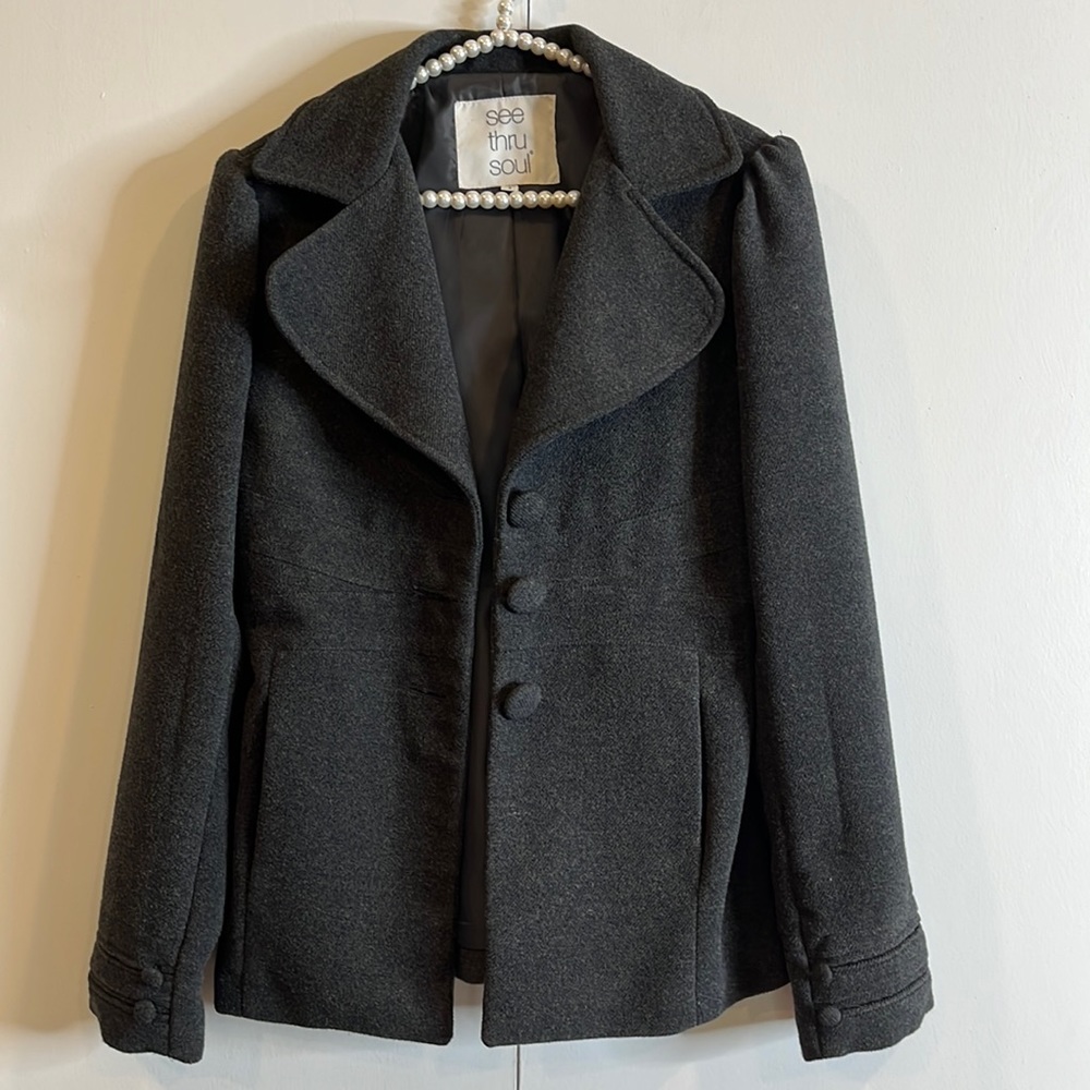 See Thru Soul Pea Coat Size Small Charcoal Gray
